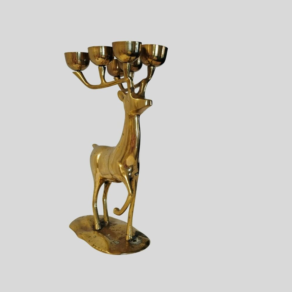 Vintage Brass Deer Candleholder, Reindeer Candelabra, 14" Mantel Stag Figurine - Picture 5 of 11